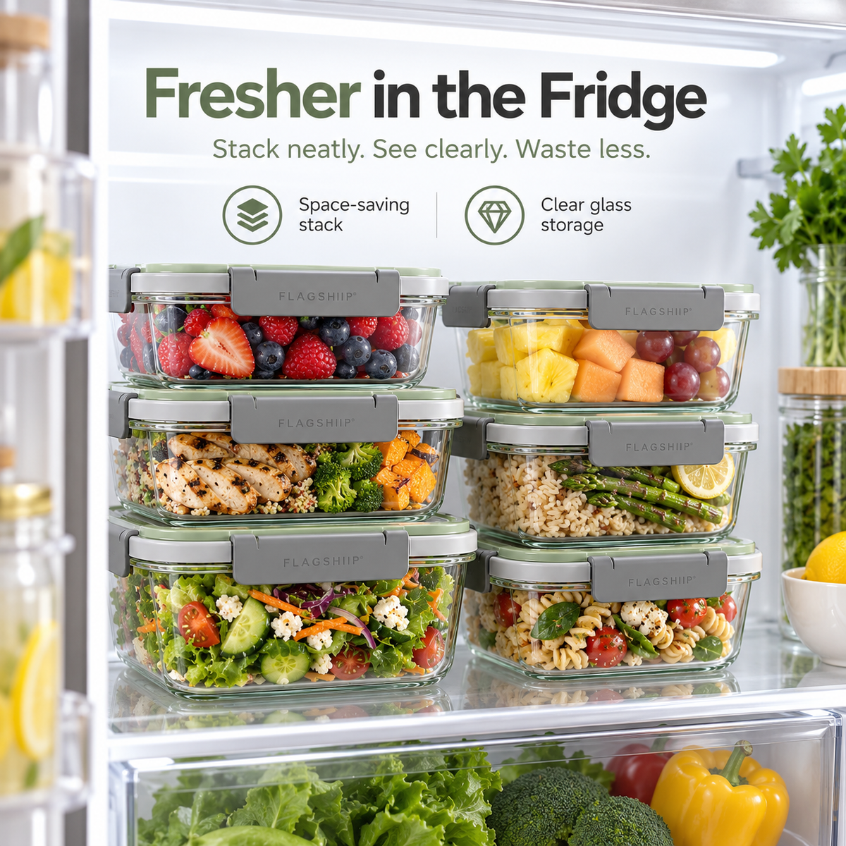 FLAGSHIIP® SnapSeal Glass Food Storage Container | Seal Fresh. Stack Smart. Waste Less.