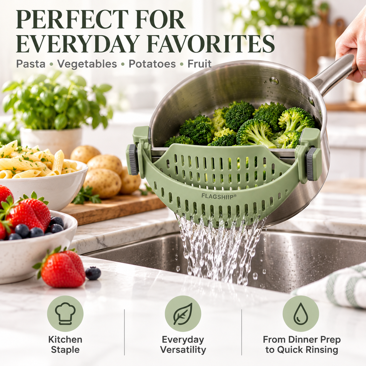 FLAGSHIIP® Adjustable Clip-On Pot Strainer | Fits most pots & pans for faster, easier draining without a bulky colander.