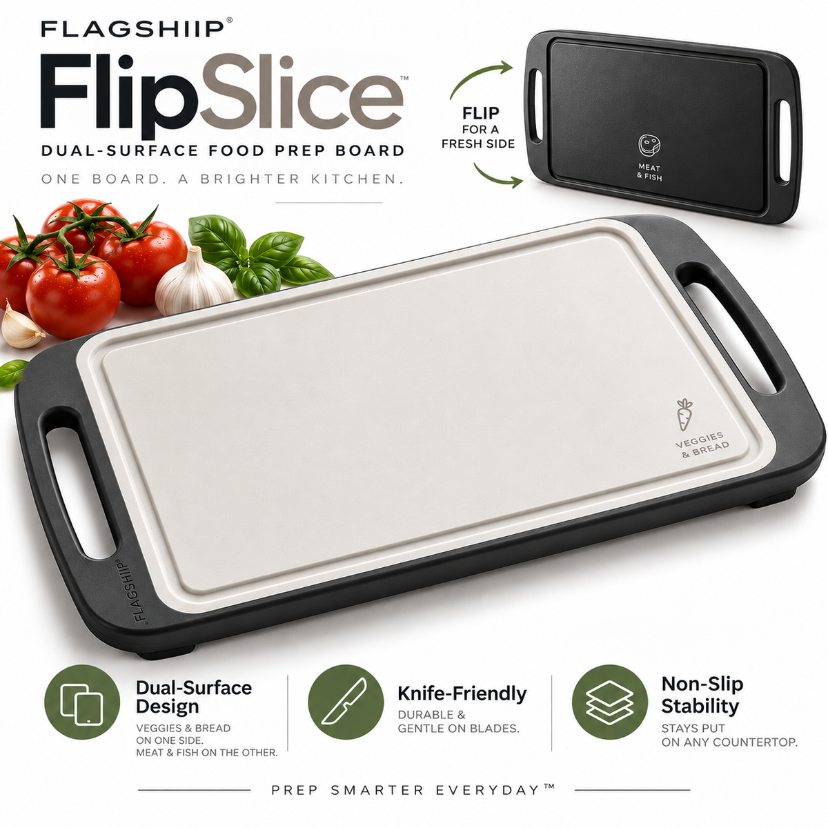 FLAGSHIIP® FlipSlice Dual-Surface Prep Board | Two Sides. Two Prep Zones.
