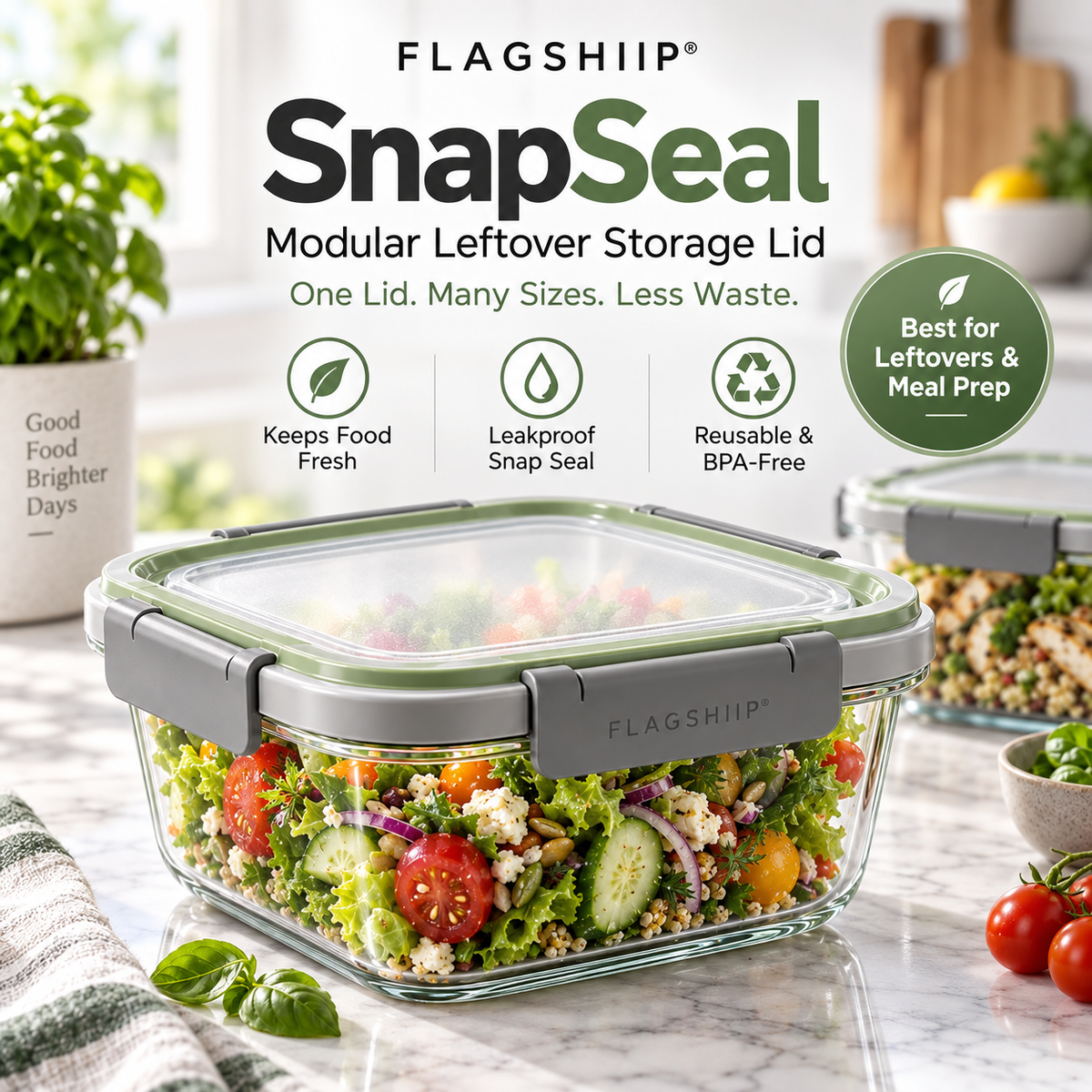 FLAGSHIIP® SnapSeal Glass Food Storage Container | Seal Fresh. Stack Smart. Waste Less.