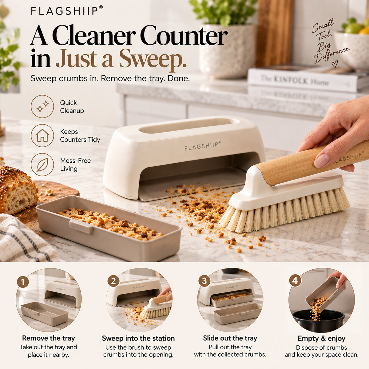 FLAGSHIIP® CrumbDock Countertop Sweep & Catch Station  Sweep crumbs in. Slide the tray out. Done.