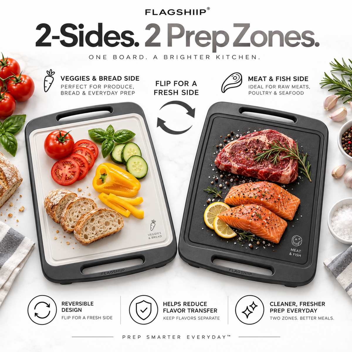 FLAGSHIIP® FlipSlice Dual-Surface Prep Board | Two Sides. Two Prep Zones.