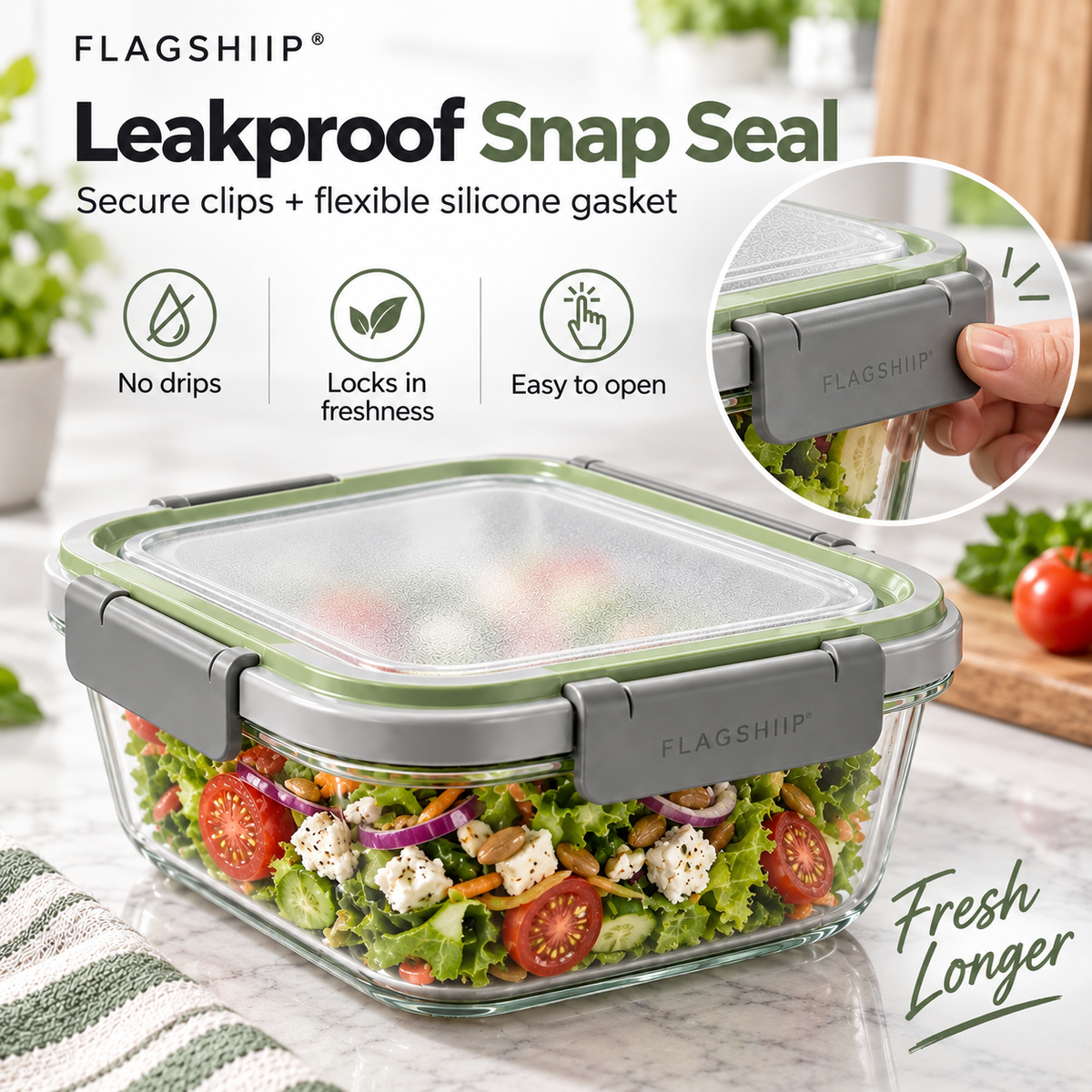 FLAGSHIIP® SnapSeal Glass Food Storage Container | Seal Fresh. Stack Smart. Waste Less.