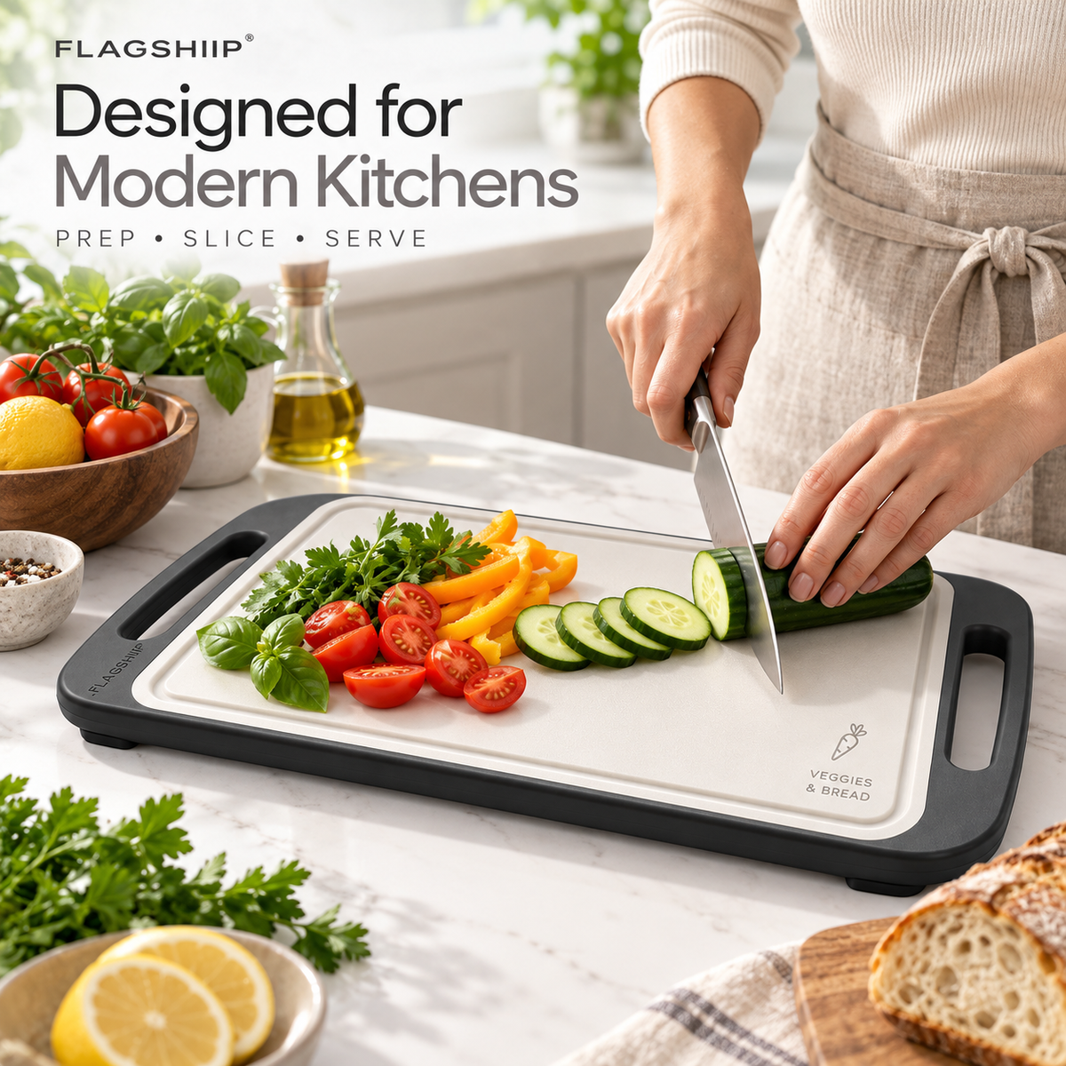 FLAGSHIIP® FlipSlice Dual-Surface Prep Board | Two Sides. Two Prep Zones.