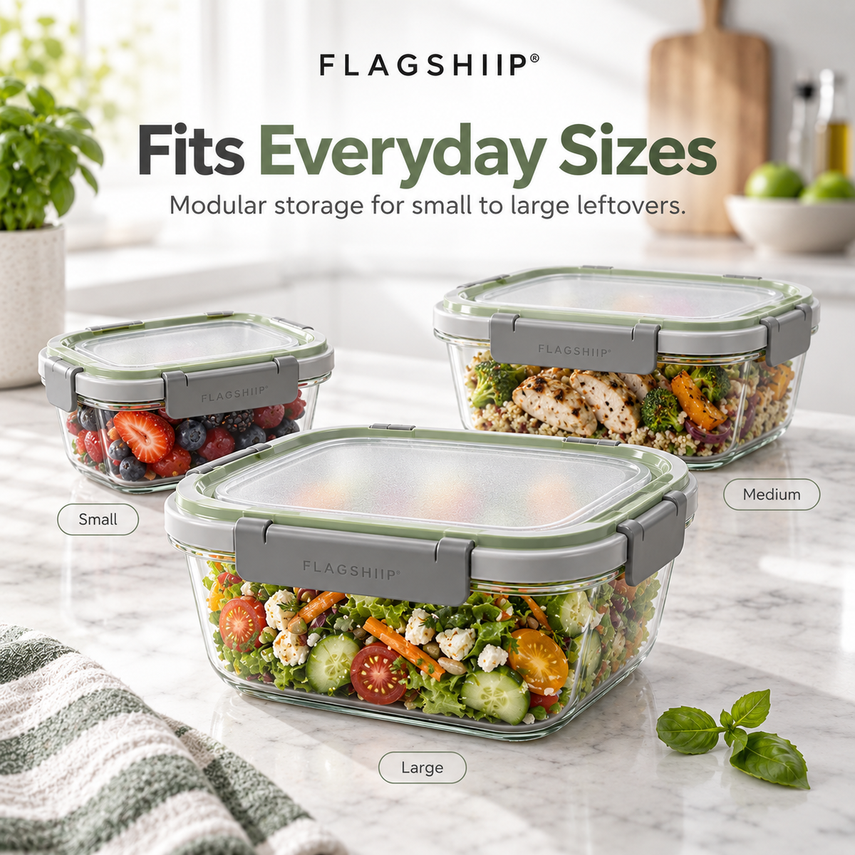 FLAGSHIIP® SnapSeal Glass Food Storage Container | Seal Fresh. Stack Smart. Waste Less.