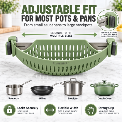 FLAGSHIIP®  Adjustable Clip-On Pot Strainer | Fits most pots & pans for faster, easier draining without a bulky colander.