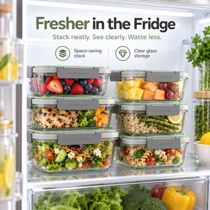 FLAGSHIIP® SnapSeal Glass Food Storage Container | Seal Fresh. Stack Smart. Waste Less.