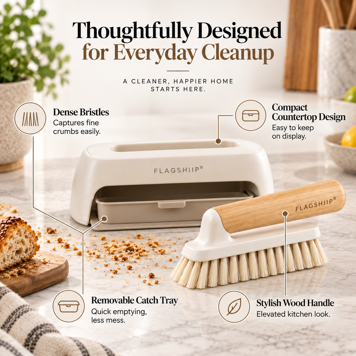 FLAGSHIIP® CrumbDock Countertop Sweep & Catch Station  Sweep crumbs in. Slide the tray out. Done.