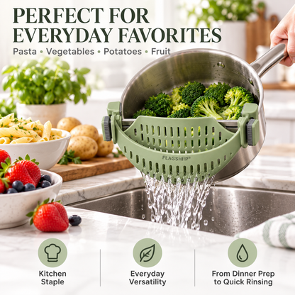 FLAGSHIIP®  Adjustable Clip-On Pot Strainer | Fits most pots & pans for faster, easier draining without a bulky colander.