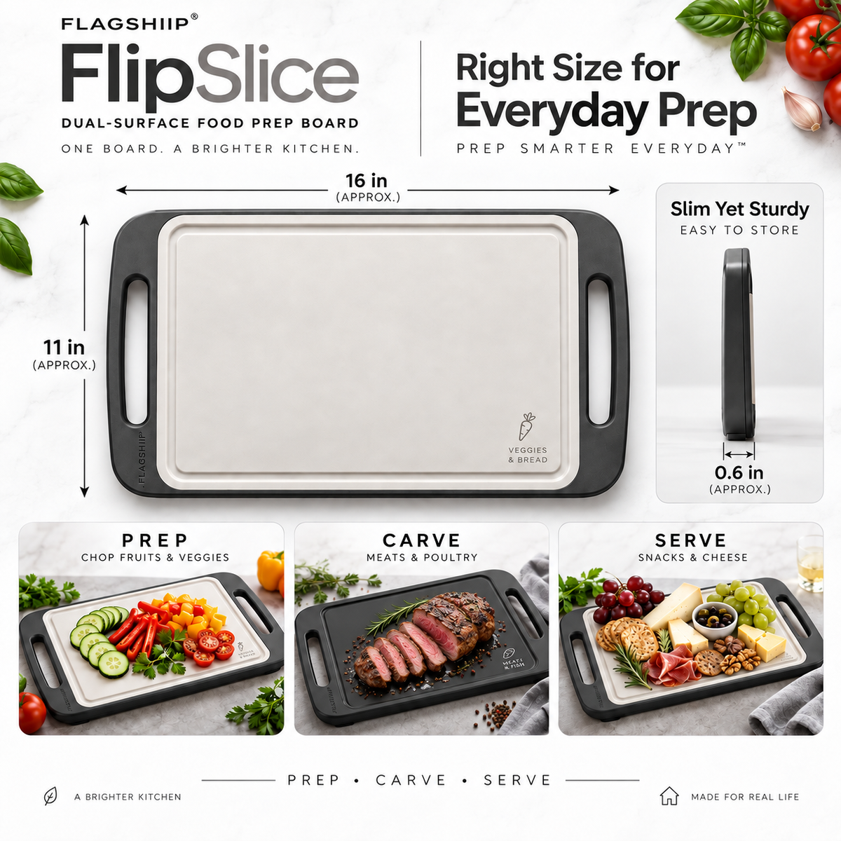 FLAGSHIIP® FlipSlice Dual-Surface Prep Board | Two Sides. Two Prep Zones.