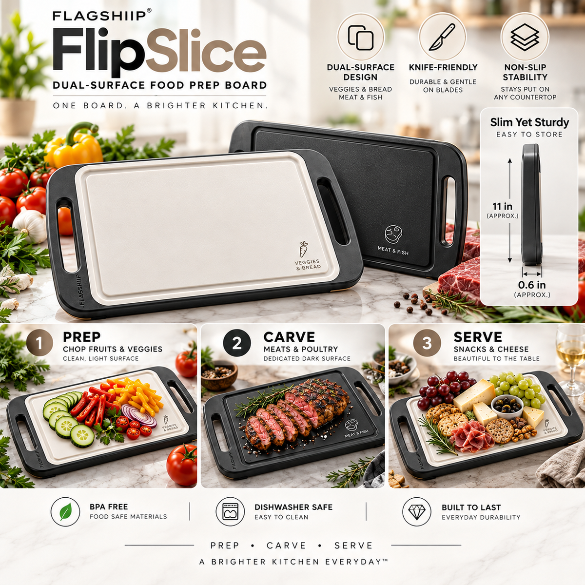 FLAGSHIIP® FlipSlice Dual-Surface Prep Board | Two Sides. Two Prep Zones.