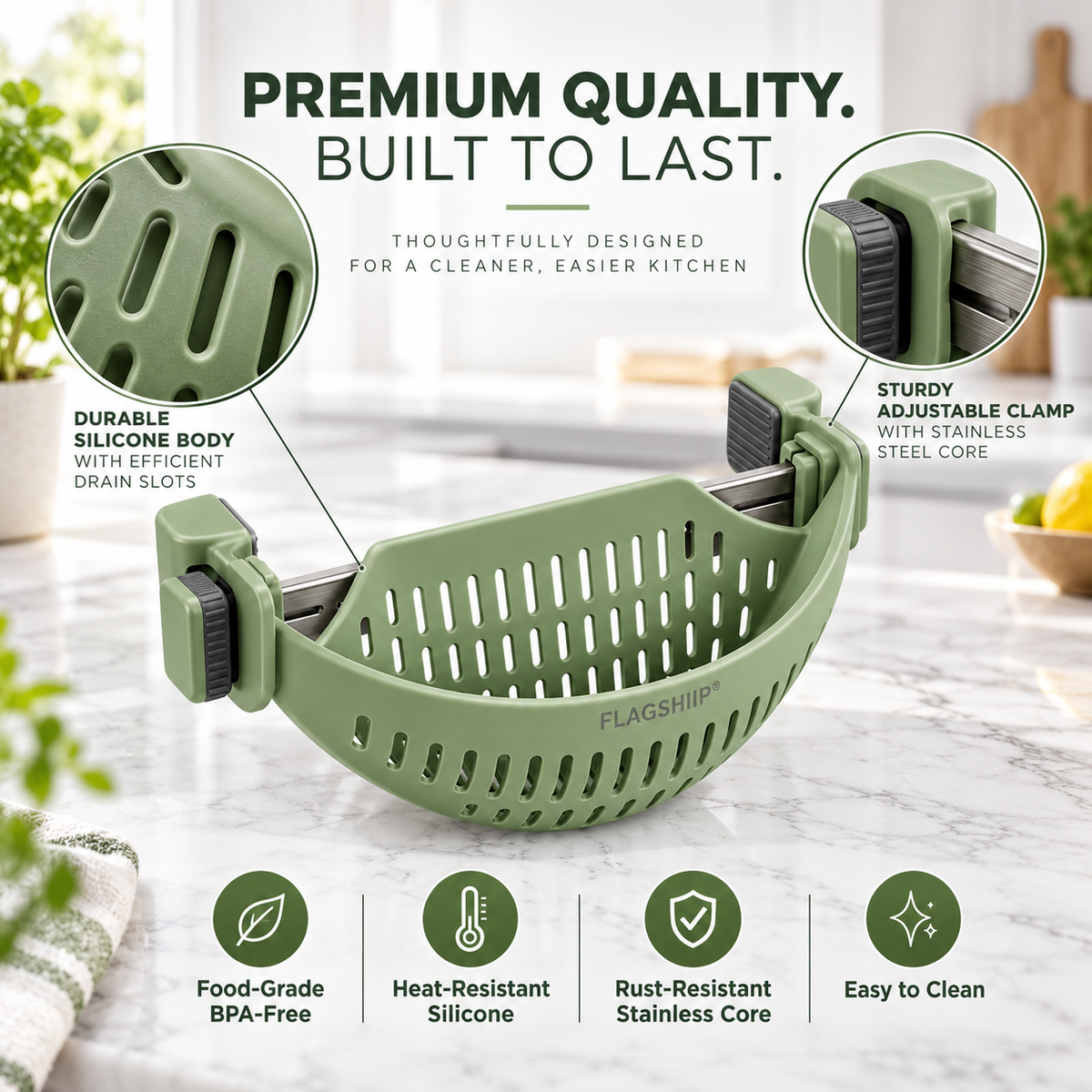 FLAGSHIIP®  Adjustable Clip-On Pot Strainer | Fits most pots & pans for faster, easier draining without a bulky colander.