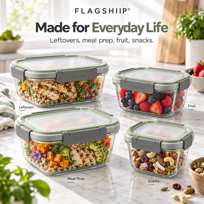 FLAGSHIIP® SnapSeal Glass Food Storage Container | Seal Fresh. Stack Smart. Waste Less.