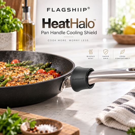 FLAGSHIIP® HeatHalo Pan Handle Heat Shield  Helps reduce heat transfer near the pan for a cooler, more comfortable grip.