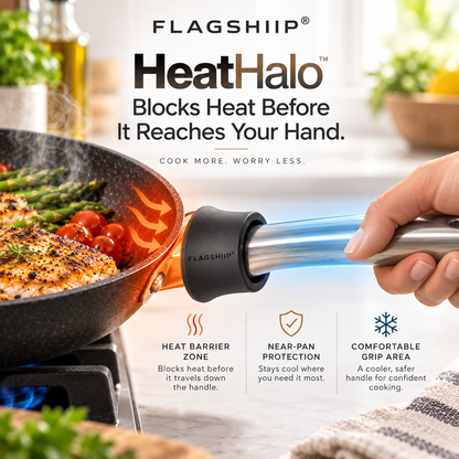 FLAGSHIIP® HeatHalo Pan Handle Heat Shield  Helps reduce heat transfer near the pan for a cooler, more comfortable grip.