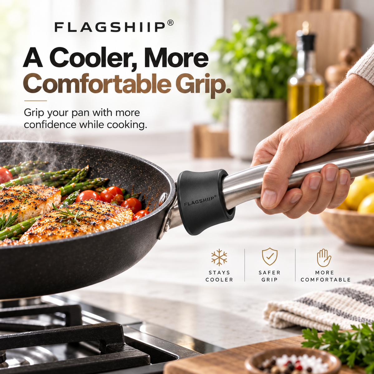 FLAGSHIIP® HeatHalo Pan Handle Heat Shield  Helps reduce heat transfer near the pan for a cooler, more comfortable grip.