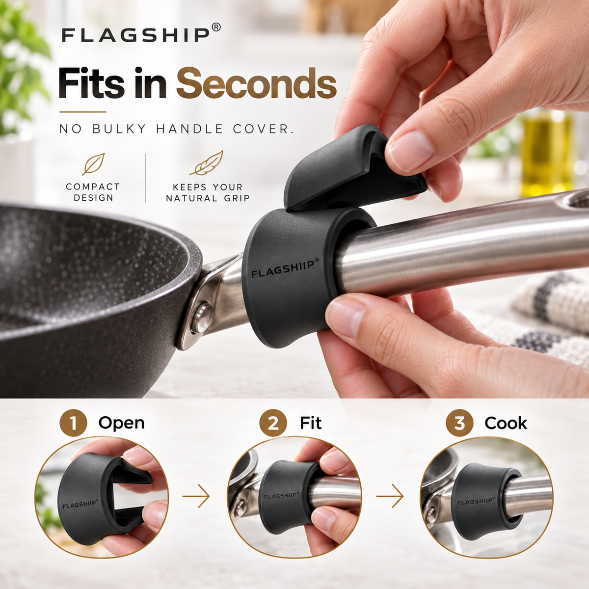 FLAGSHIIP® HeatHalo Pan Handle Heat Shield  Helps reduce heat transfer near the pan for a cooler, more comfortable grip.