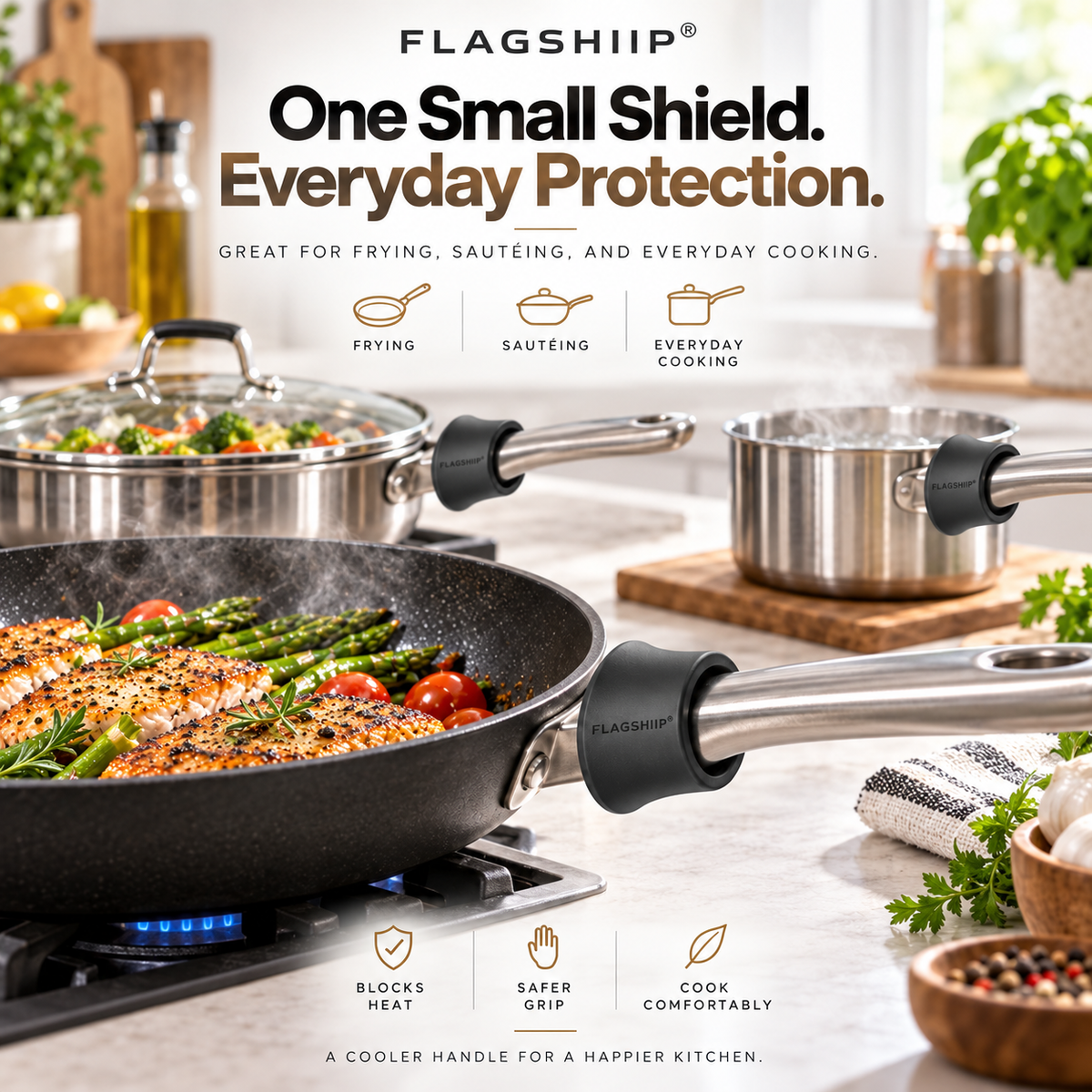 FLAGSHIIP® HeatHalo Pan Handle Heat Shield  Helps reduce heat transfer near the pan for a cooler, more comfortable grip.