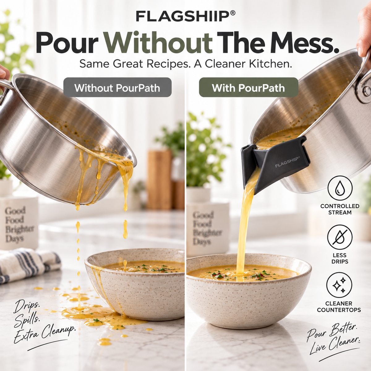 VOGGUU® PourPath Clip-On Pan Pour Spout Pour Exactly Where You Want.