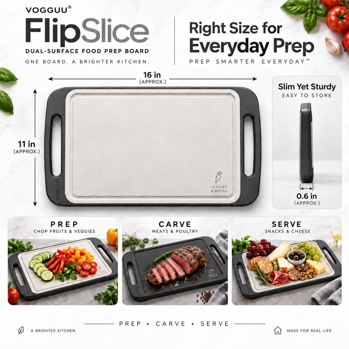 VOGGUU® FlipSlice Dual-Surface Prep Board | Two Sides. Two Prep Zones.