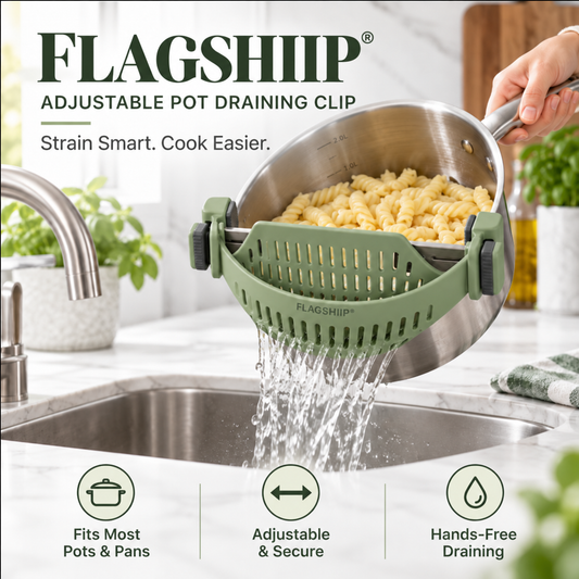 FLAGSHIIP®  Adjustable Clip-On Pot Strainer | Fits most pots & pans for faster, easier draining without a bulky colander.